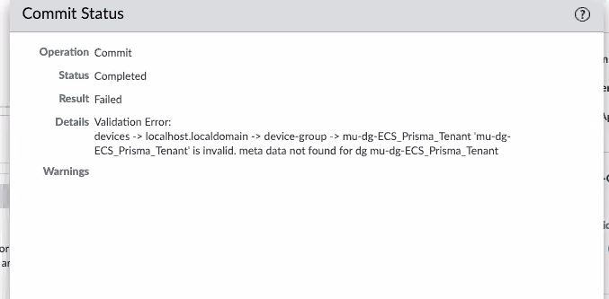 Dialog box displaying the Panorama commit error due to metadata not found
