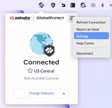 Étapes Mac - cliquez sur l’icône GlobalProtect dans la barre d’état - cliquez sur l’icône d’engrenage - cliquez sur Paramètres