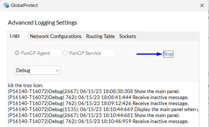 haga clic en Detener en la recopilación de registros de GlobalProtect