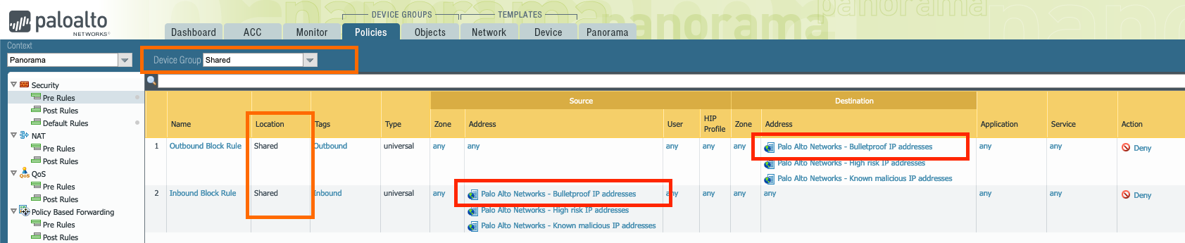 Policy 规则 panw-bulletproof-ip-list