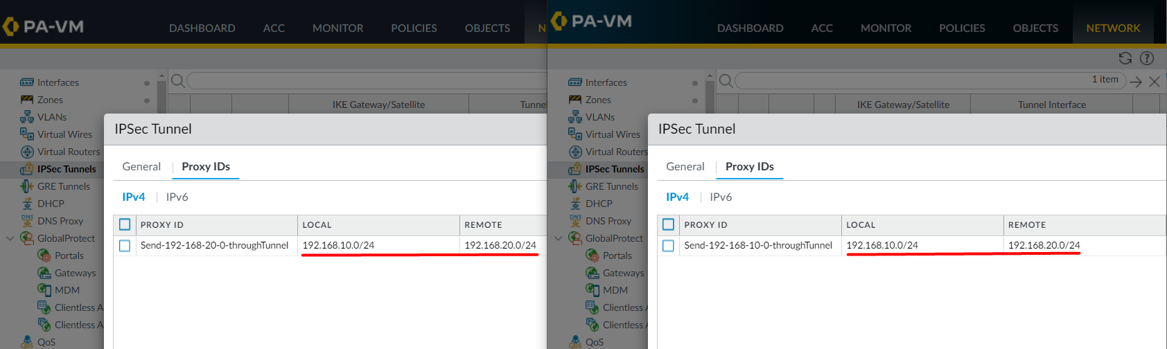 比较非镜像代理ID穿过VPNWeb 中的同行 UI
