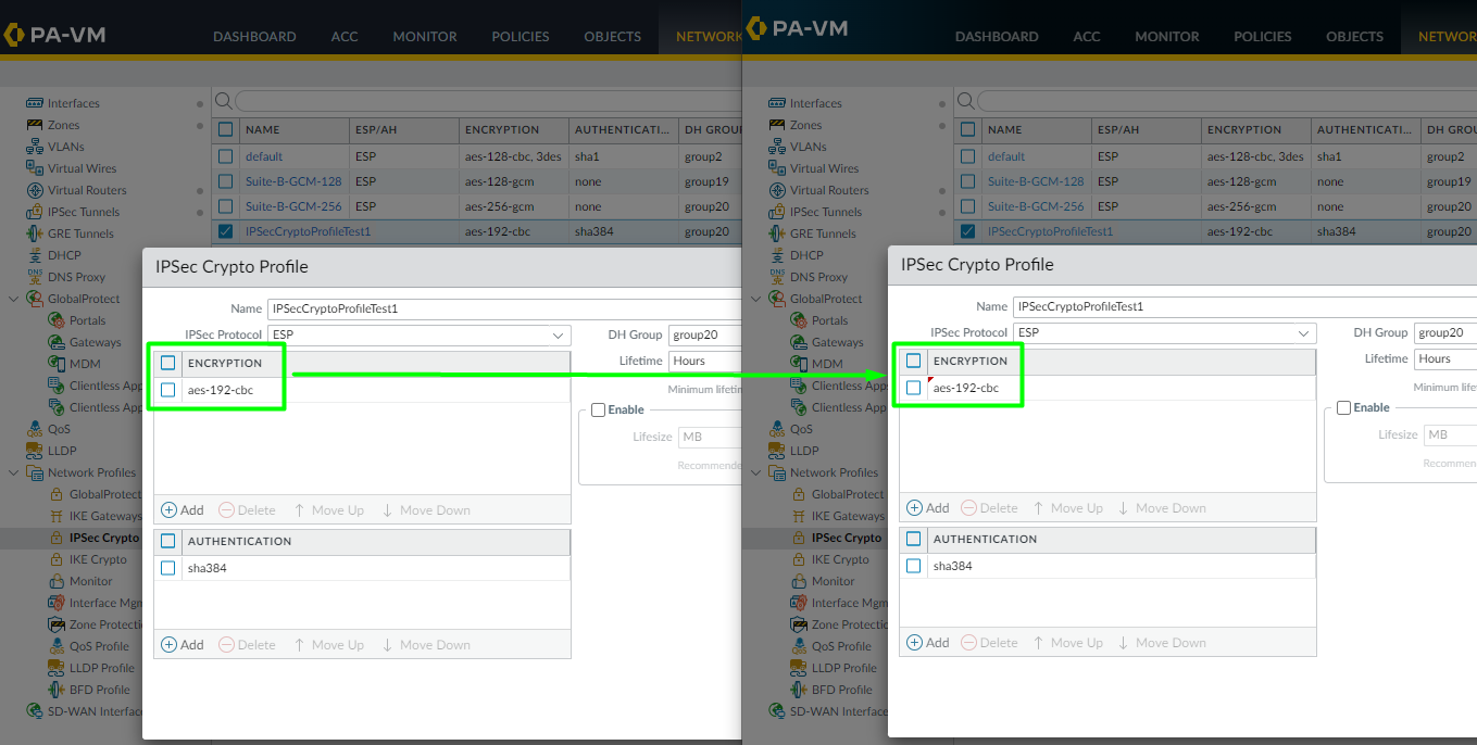 Comparación del cifrado de fase 2 coincidente en la Web UI