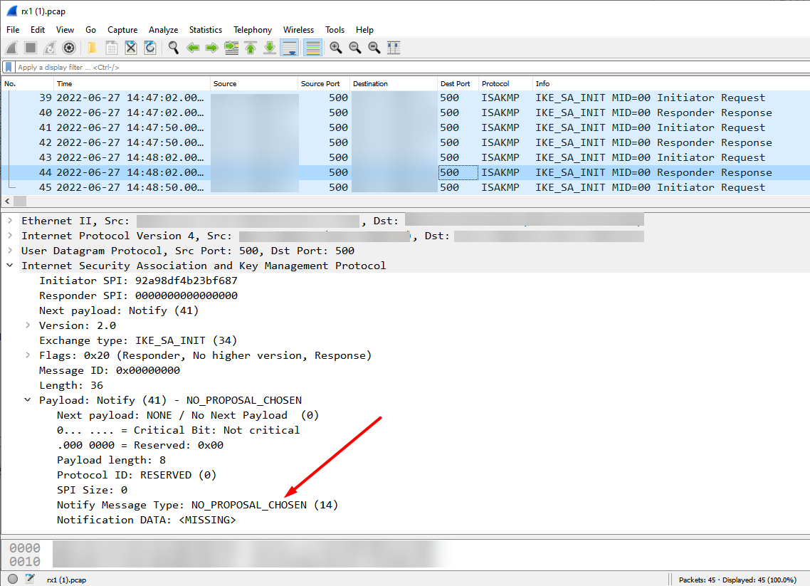 Wireshark 无提议阶段 1 身份验证