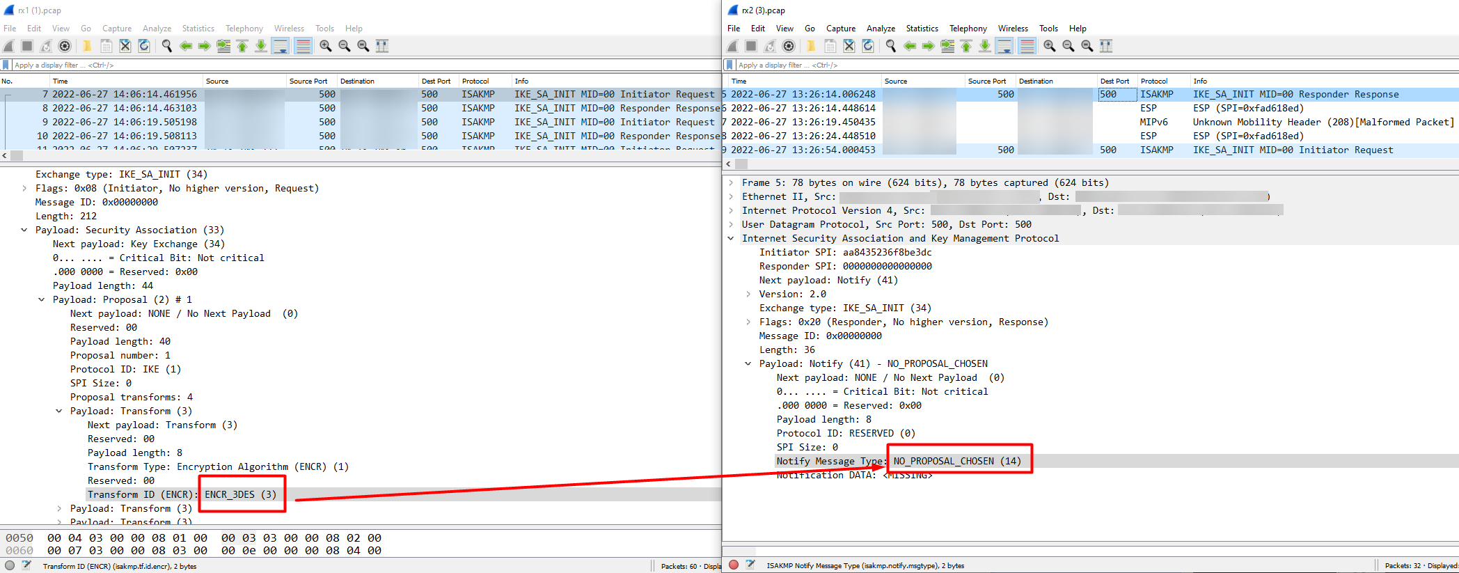 Comparaison de Wireshark pour l’incompatibilité de chiffrement de phase 1