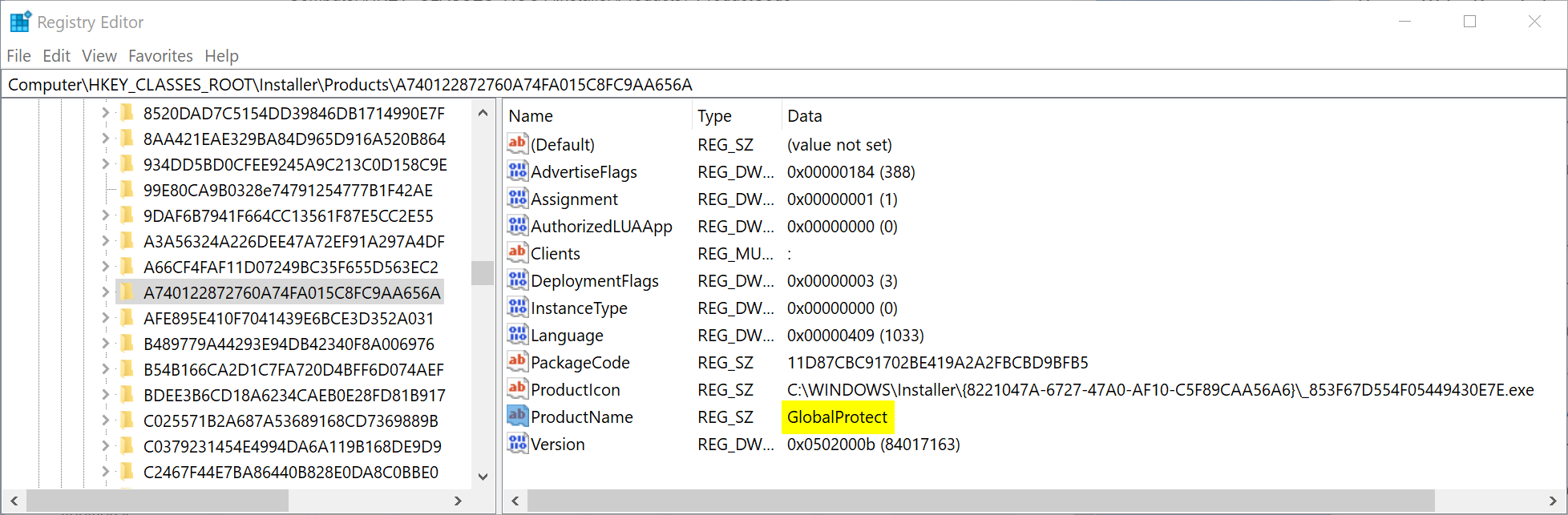 Windows ProductCode 为 GlobalProtect