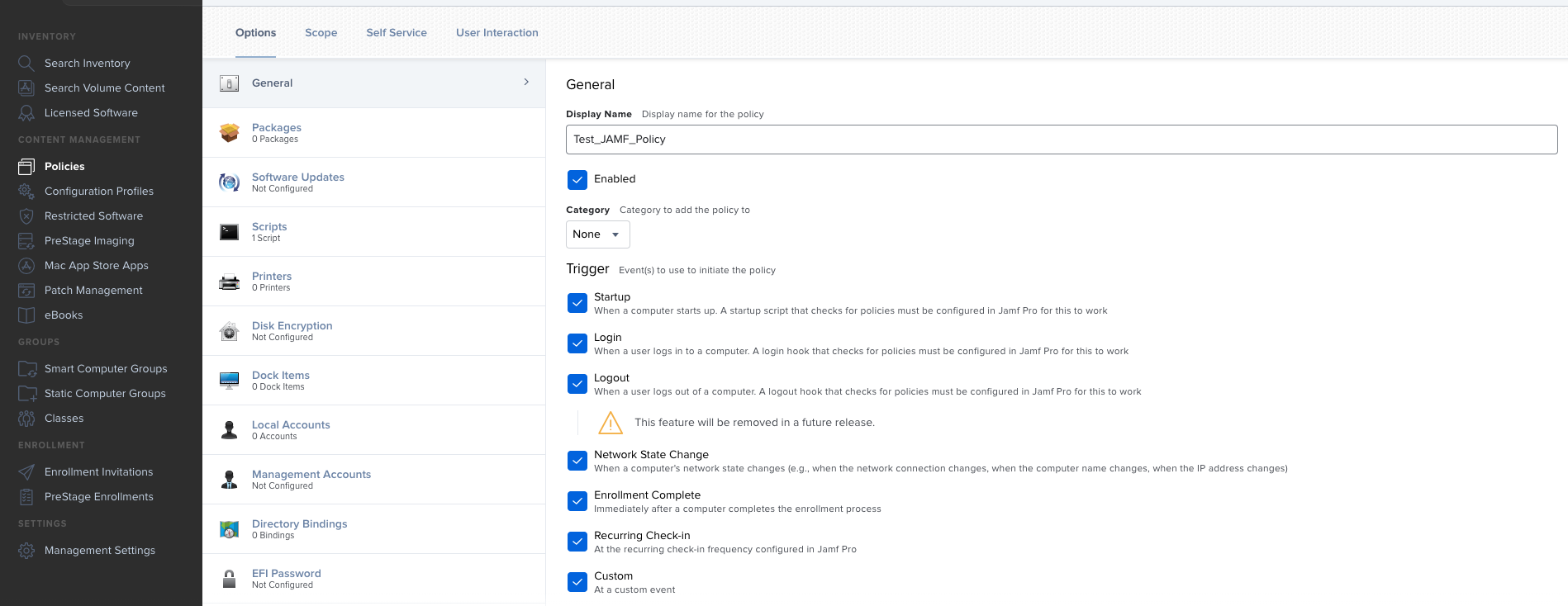 Instantánea que muestra la pestaña Equipo policy dentro del JAMF Pro Dashboard