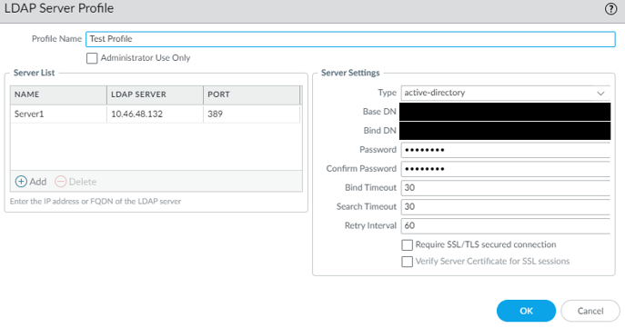 LDAP Serverprofil: Nur ein Server konfiguriert