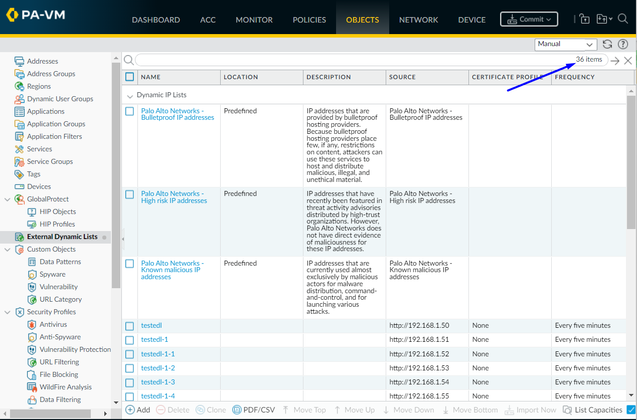 Firewall ウェブGUIオブジェクト > 外部動的リスト ページ アイテムの表示