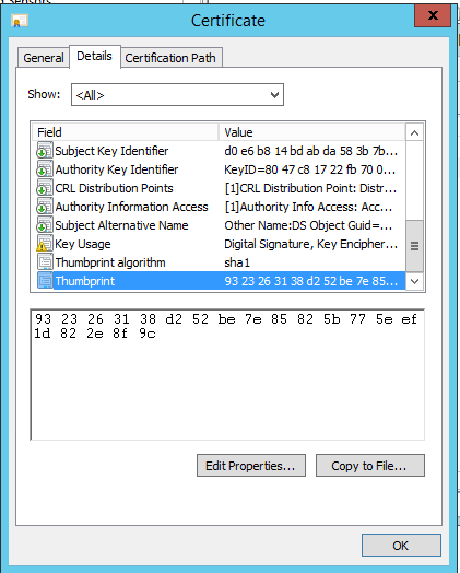 captura de pantalla que muestra información de huella digital en el certificado