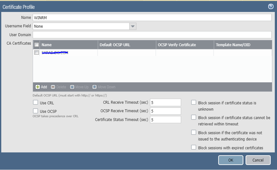 Capture d’écran montrant la configuration du profil de certificat