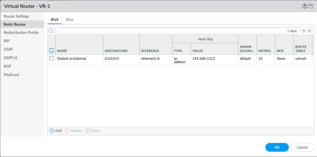 Navigate back to Virtual Routers (Network > Virtual Routers) configuration screen. Add  Static Route, directing traffic from VR-1 to VR-2: