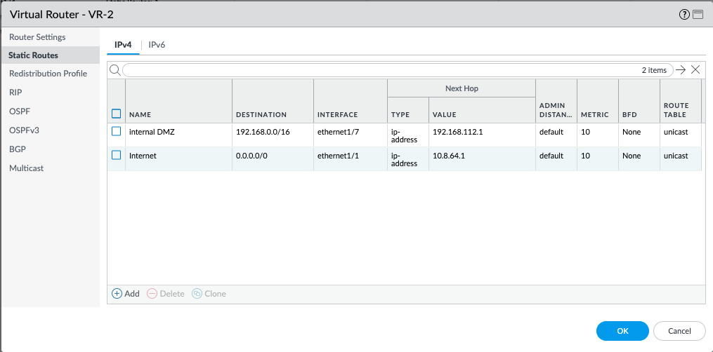 On VR-2 you need to add two new static routes, directing traffic to Internal DMZ and directing traffic to Internet: