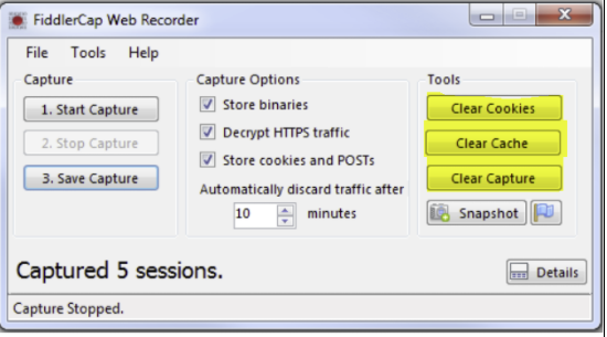 This is snapshot showing the Fiddler dialog box clearing the cookies, cache and the capture when you star the new capture.