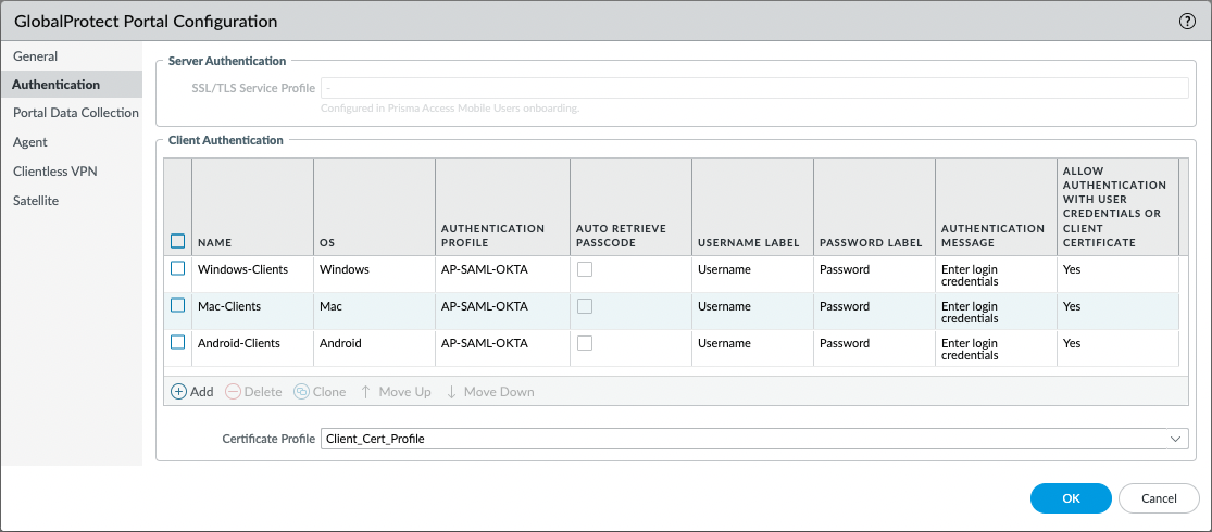 Authentifizierungsoption für alle OS Clients, außer iOS-Clients für Prisma firewall