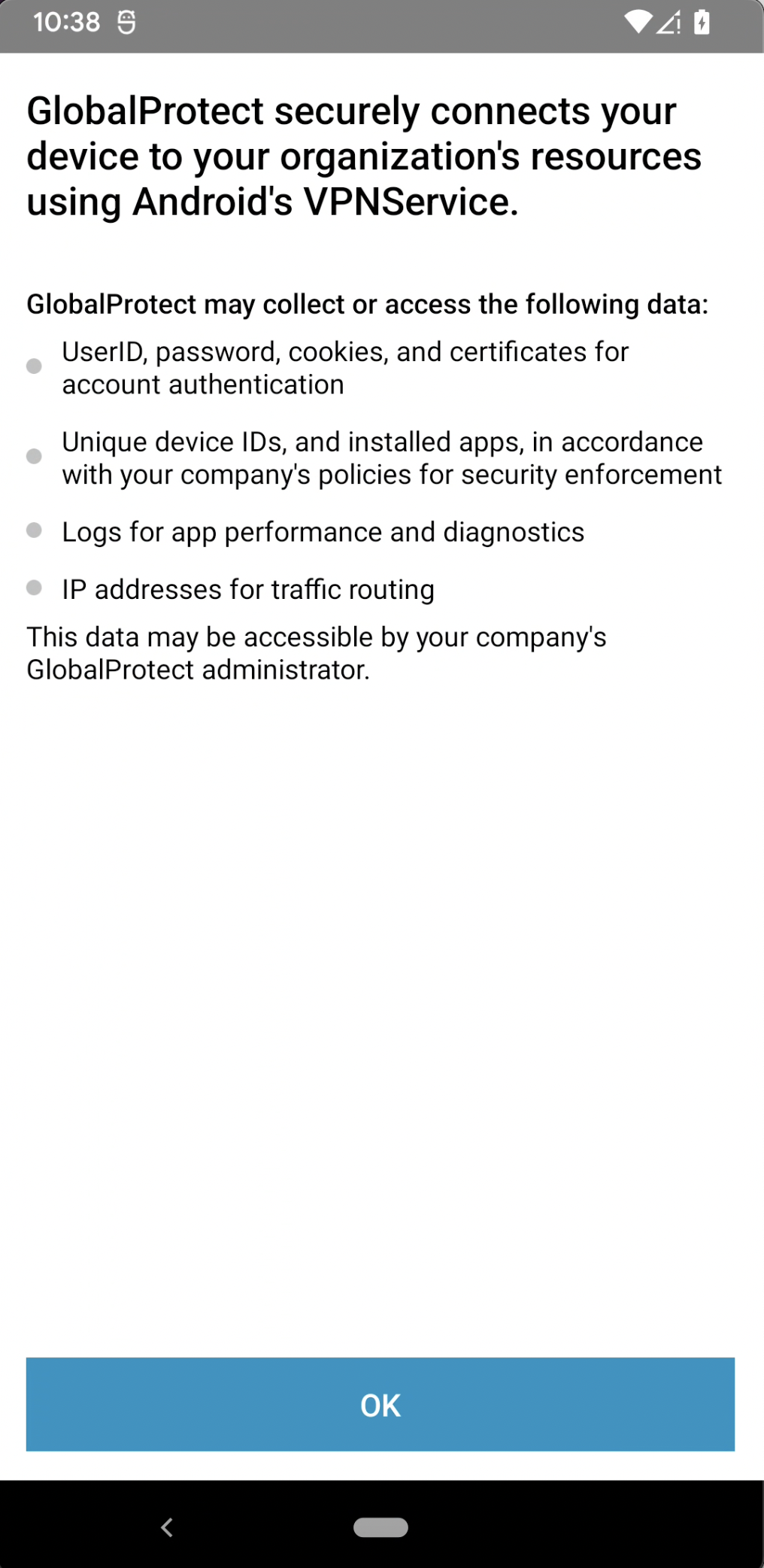 Snapshot of the Google Play Store disclosure dialog box when installing GlobalProtect