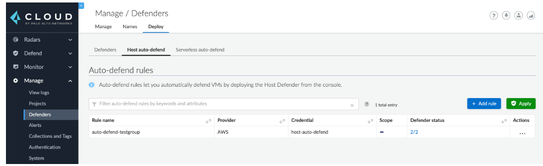 显示 AutoDefend 规则选项卡的快照 Prisma Cloud