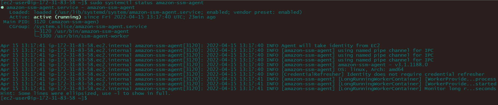 Instantánea que muestra el estado del SSM agente mediante una SSH sesión en nuestra AWS instancia EC2