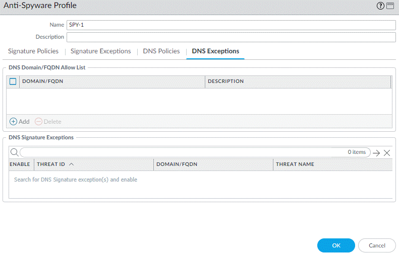 DNS 例外选项卡