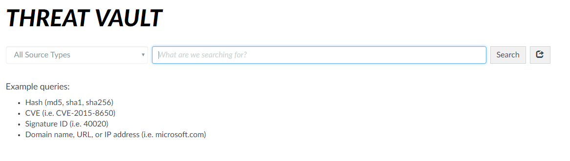 Ejemplo de cómo se ve la página de Threat Vault