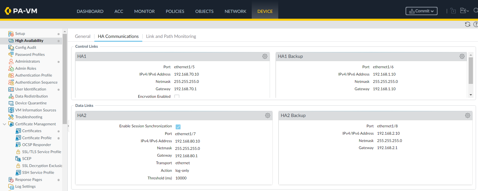 Configuring HA links
