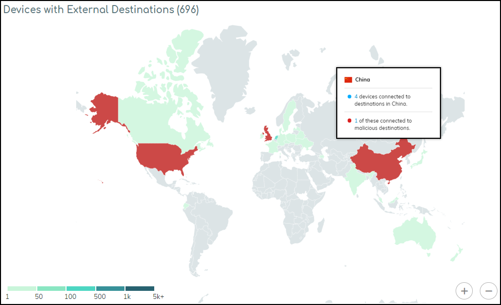 Identify suspicious destinations by hovering your cursor over countries filled in with red to identify those with malicious destinations, zooming in or out as necessary.