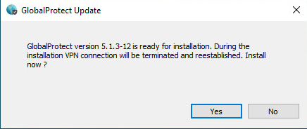 Screenshot mit dem Dialogfeld Agentupdate, in dem GlobalProtect die Installation der neuen Version angefordert wird.