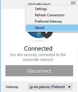 Screenshot mit dem GlobalProtect Dialogfeld Agent About.