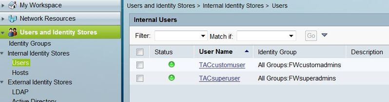 Captura de pantalla de las cuentas de Admins en ACS