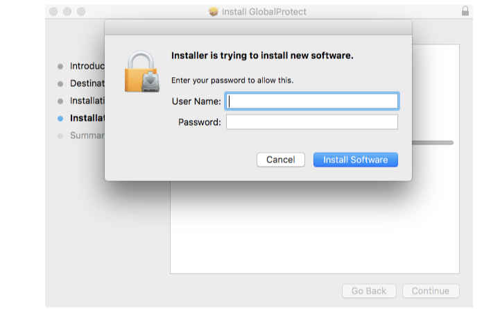 Snapshot mit der Registerkarte Installation des GlobalProtect Dialogfelds App-Installation.
