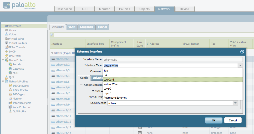 Solamente un puerto en las redes de Palo Alto firewall se puede configurar como una interfaz de la tarjeta de registro y se visualiza un error de confirmación si el reenvío del registro está habilitado y no hay interfaz configurada con el tipo de interfaz: "Tarjeta de registro"