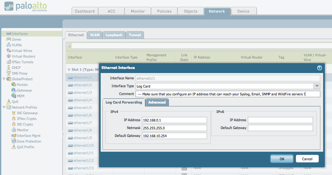 Assurez-vous que IP l’utilisateur affecté à l’interface de la carte journal peut atteindre le Syslog, l’e-mail SNMP et/ou WildFire les serveurs.