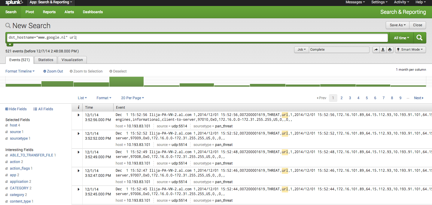 Si vous utilisez Splunk comme un SIEM et si vous regardez les journaux en utilisant le filtre: url dst_hostname="www.google.nl »