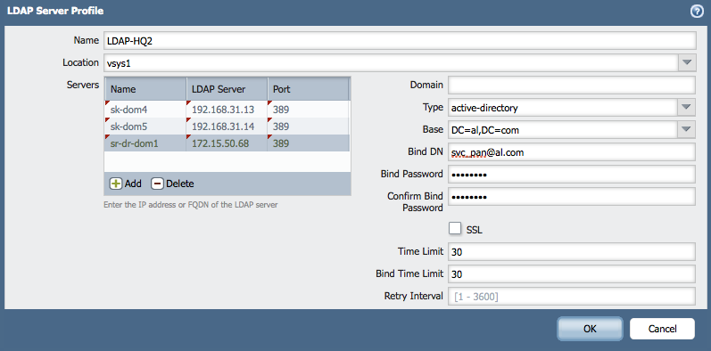 Esta limitación para la autenticación con solo cuatro LDAP servidores se puede superar con el uso de otro LDAP perfil, que incluye el resto de LDAP servidores. Por ejemplo: