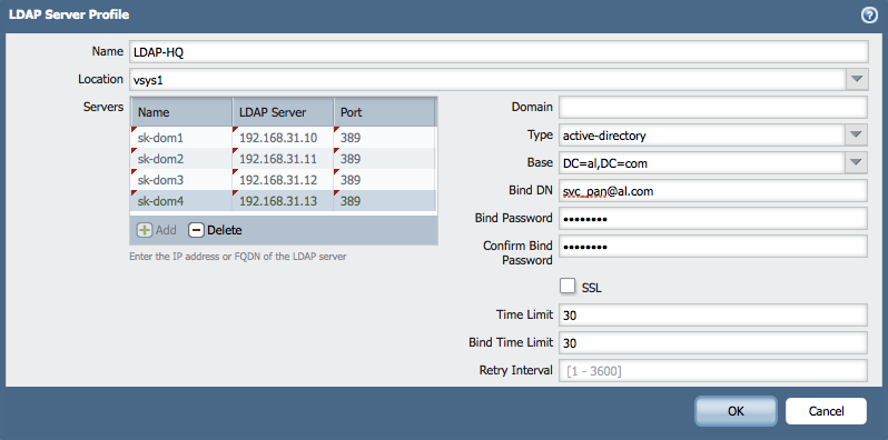 Si se agregan cuatro LDAP servidores en el perfil LDAP (en Perfiles de servidor > dispositivo LDAP >) el botón "más" se atenuará y no será posible agregar más servidores en el perfil.