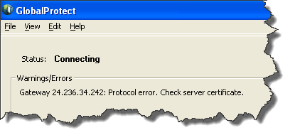 Después de configurar Global Protect, instalar el cliente e intentar conectarse, se produce el siguiente error en el GP cliente.