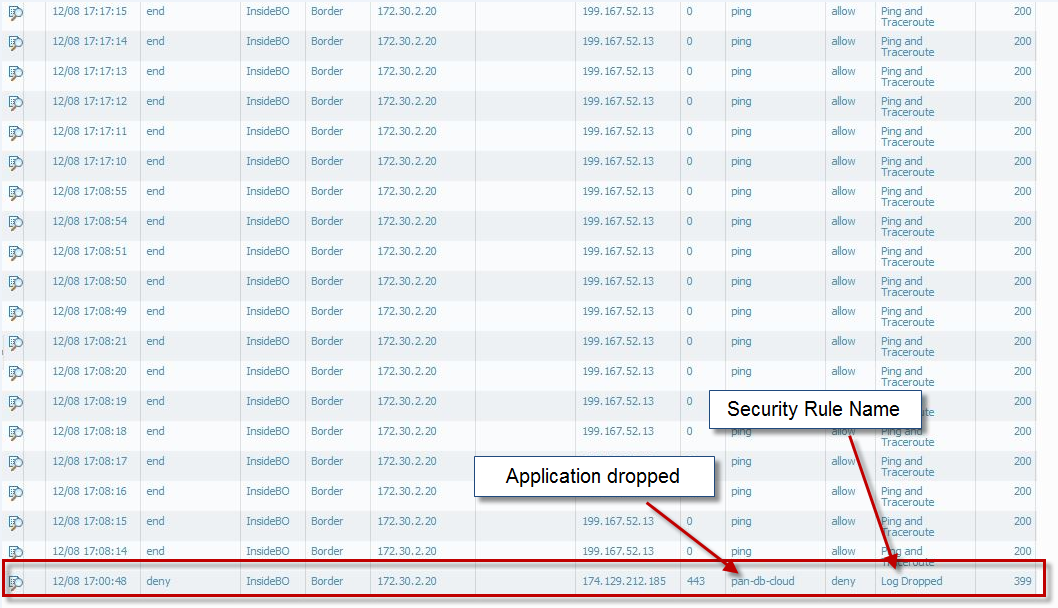 Um zu überprüfen gehen Sie auf Monitor > Logs > Traffic. Wählen Sie den Filter mit "( app eq pan-db-cloud ) " aus, der angezeigt werden soll, wenn PAN-DB Cloud durch eine bestimmte Sicherheitsregel verweigert wird: