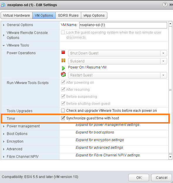 Deshabilite 'Synchronization guest time with host' en ESXi