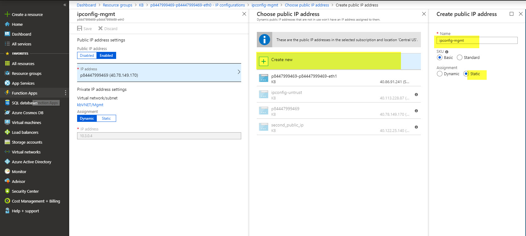 Cliquez IP sur l’adresse et choisissez IP l’adresse publique ou cliquez sur Créer de nouveaux :