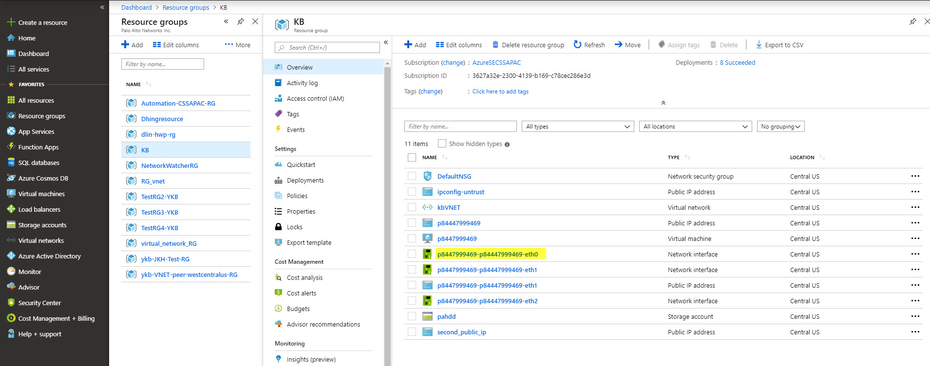 Seleccione la interfaz eth0 en su grupo de recursos