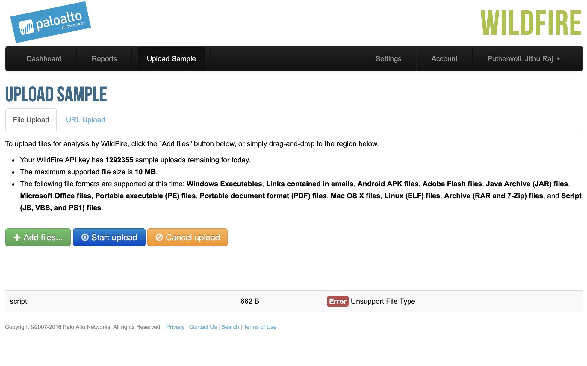 Screenshot der Fehlermeldung beim WildFire Upload-Beispiel