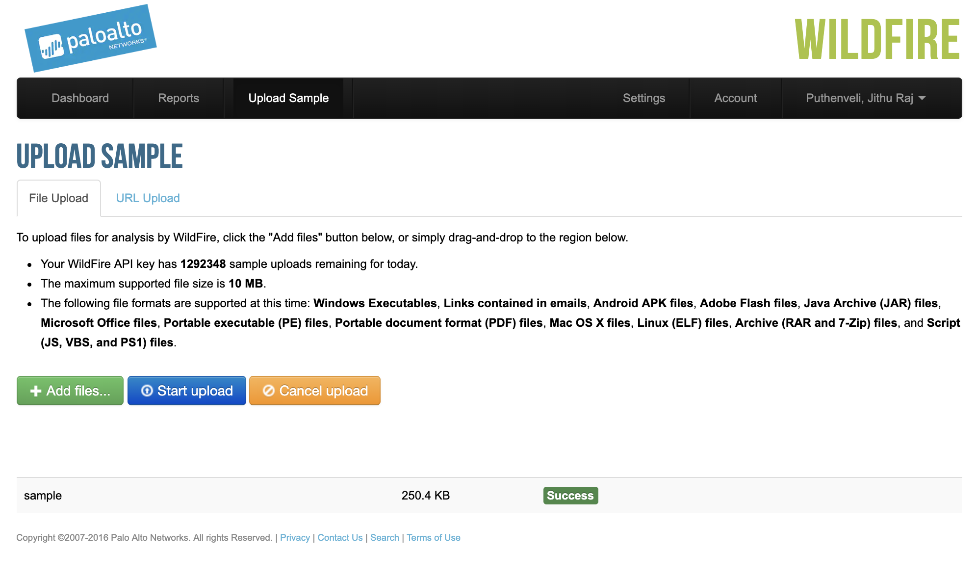 Screenshot des WildFire Upload-Beispiels erfolgreich