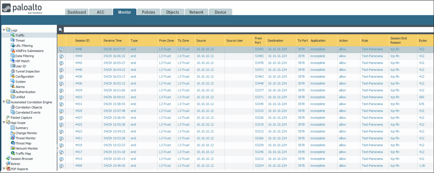 Lab-Traffic-Logs- Panorama -Sessions incomplètes
