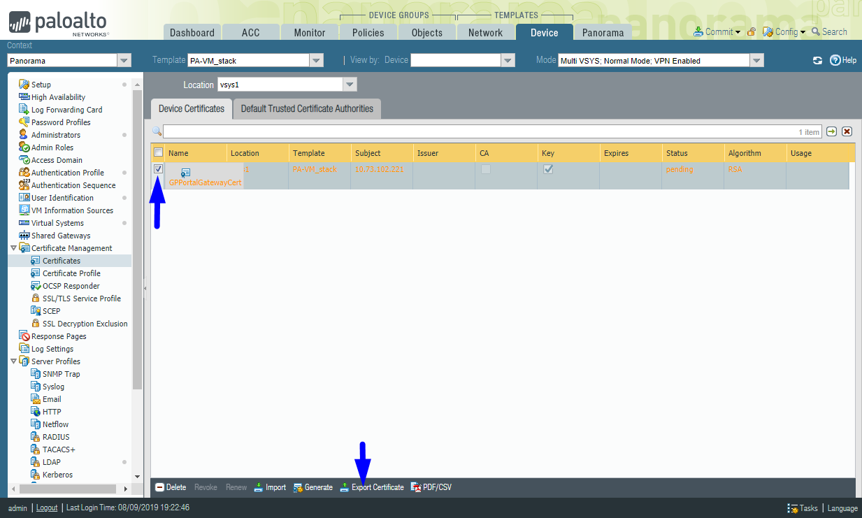 panorama 设备证书csr导出