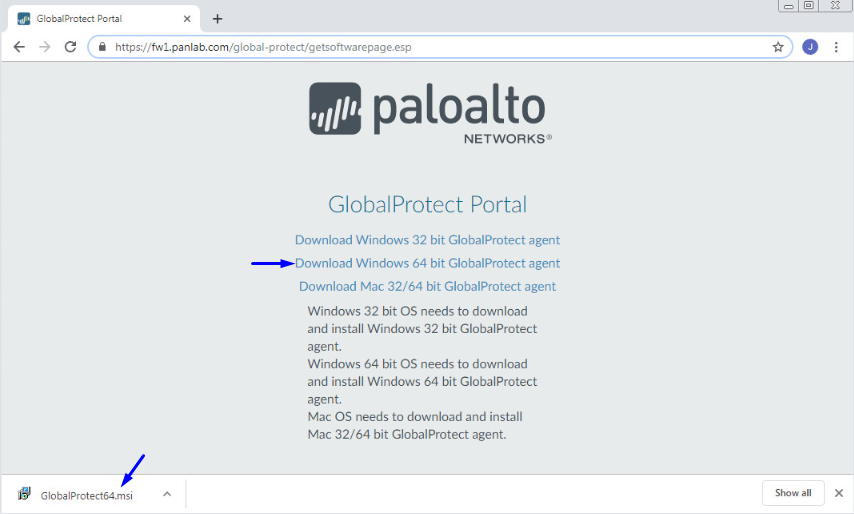globalprotect ポータルの取得ソフトウェア ページ