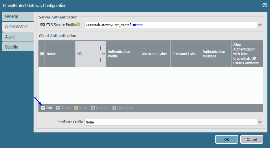 globalprotect onglet d’authentification de configuration du portail