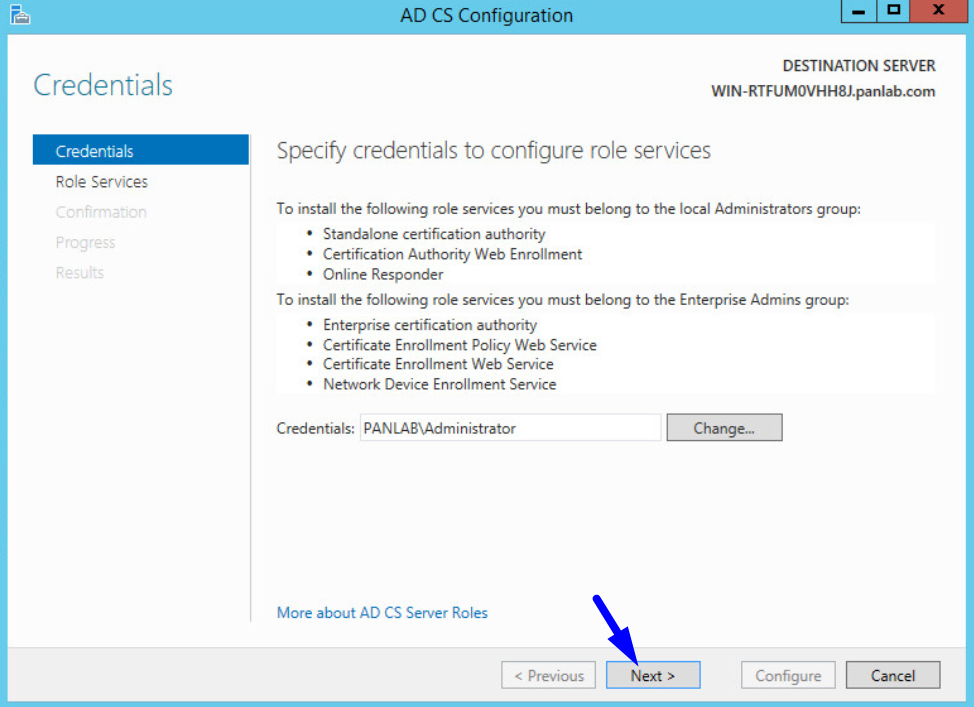 credenciales de configuración de ad cs