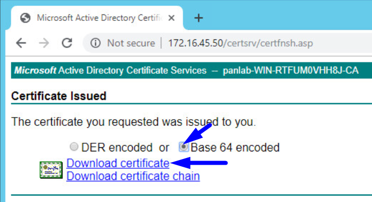 certificado de servicios de certificados de directorio de anuncios de Microsoft emitido y descarga la base de certificados 64