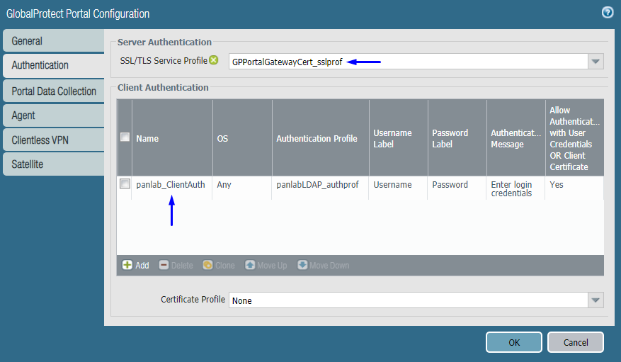 globalprotect pestaña de autenticación de configuración del portal