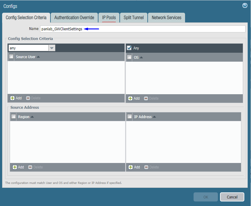 globalprotect configuración del portal de autenticación tabulador configuración del cliente de configuración de cliente config criterios de selección