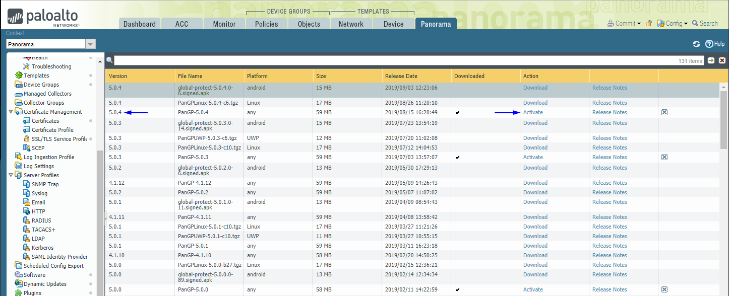 panorama activar globalprotect imágenes de software cliente